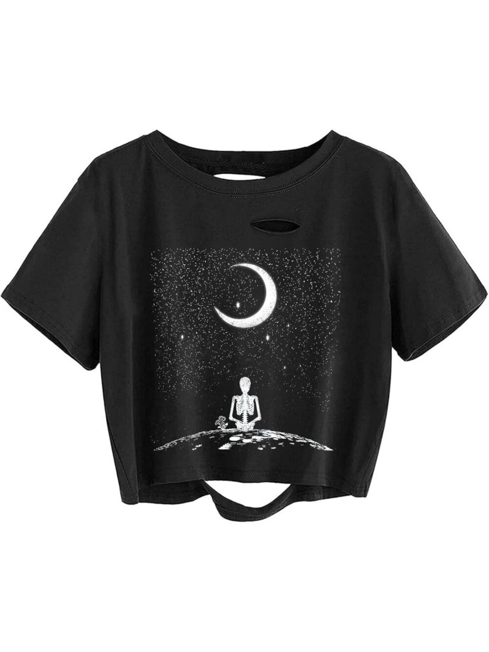 Women's Black Moon Skull Finger Graphic Distressed Ripped Crop Tops Tee Shirt